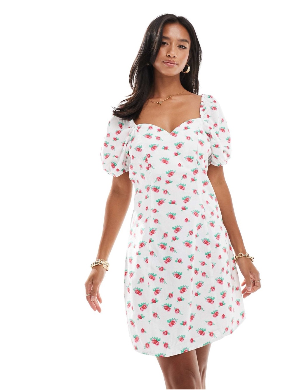 Vero Moda Petite sweetheart neck mini dress with puff sleeves in floral print